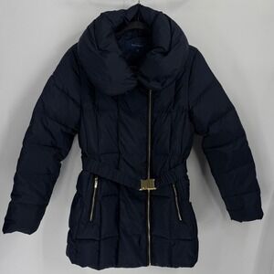 Cole Haan Women's Signature Asymmetrical Pillow Collar Down Puffer Coat Navy M